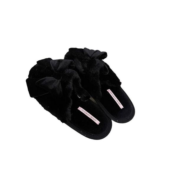 Victoria's Secret Womens Black Close Toe Bow Slip On Slide Fluffy Slippers Large - Picture 1 of 6